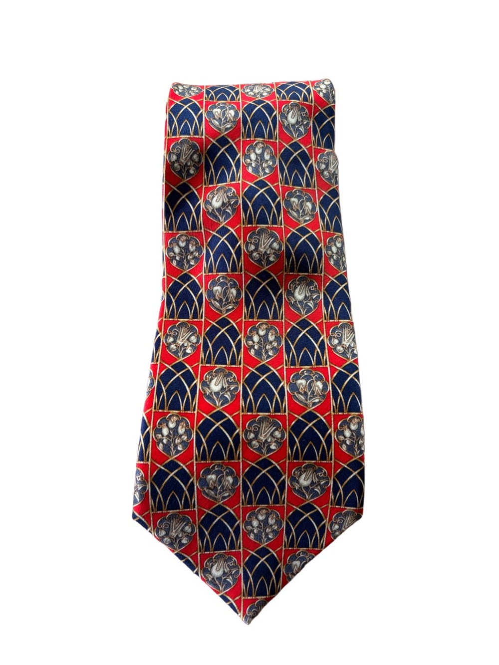 Vintage Lanvin Paris Silk Tie Red Navy Art Deco Geometric Designer